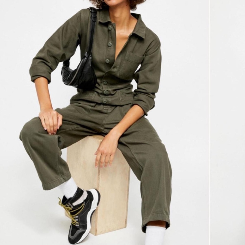 Free People Military Olive Button-Up Utility Jumpsuit